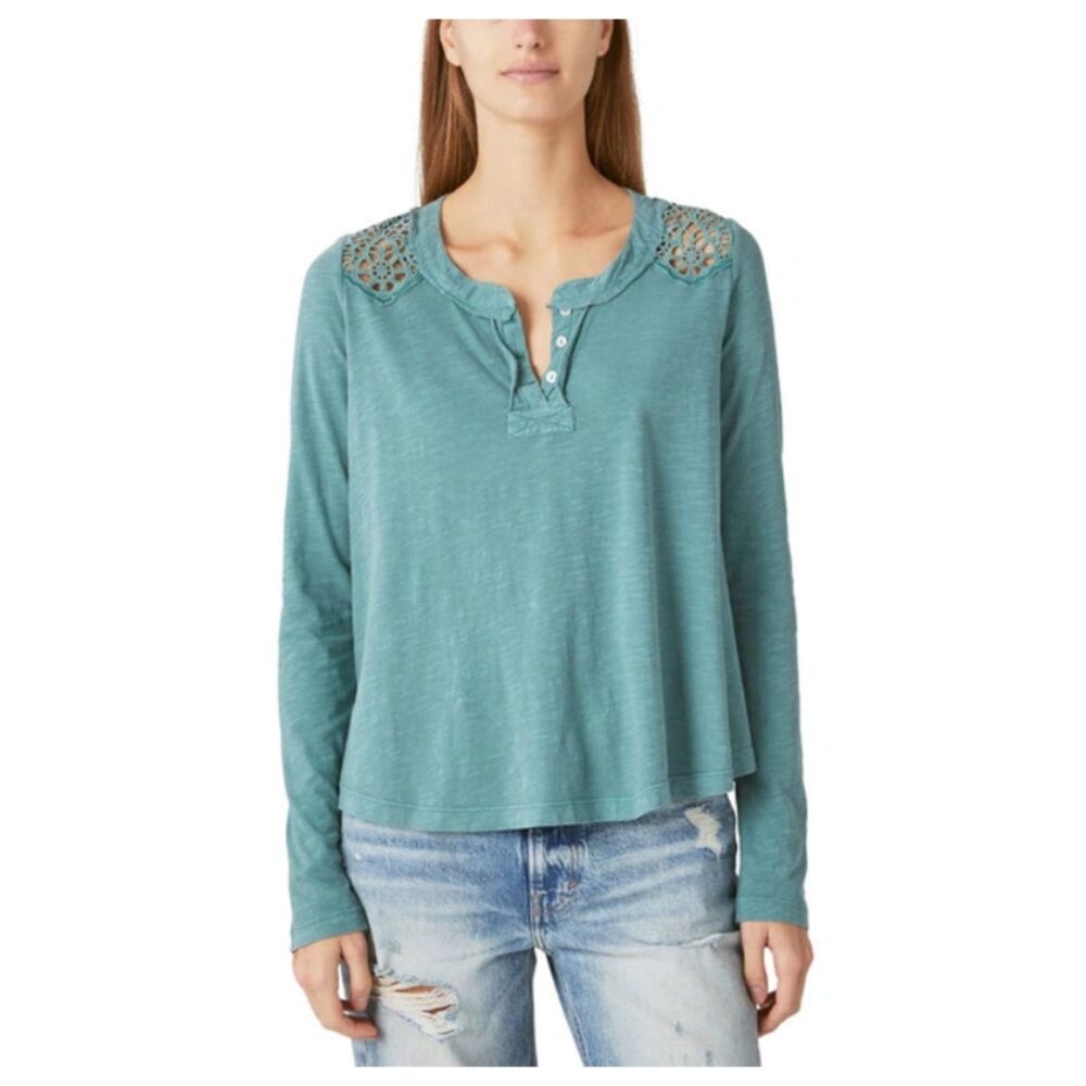 Lucky Brand Sage Green Cotton Lace Crochet Long Sleeve Henley Top Large L